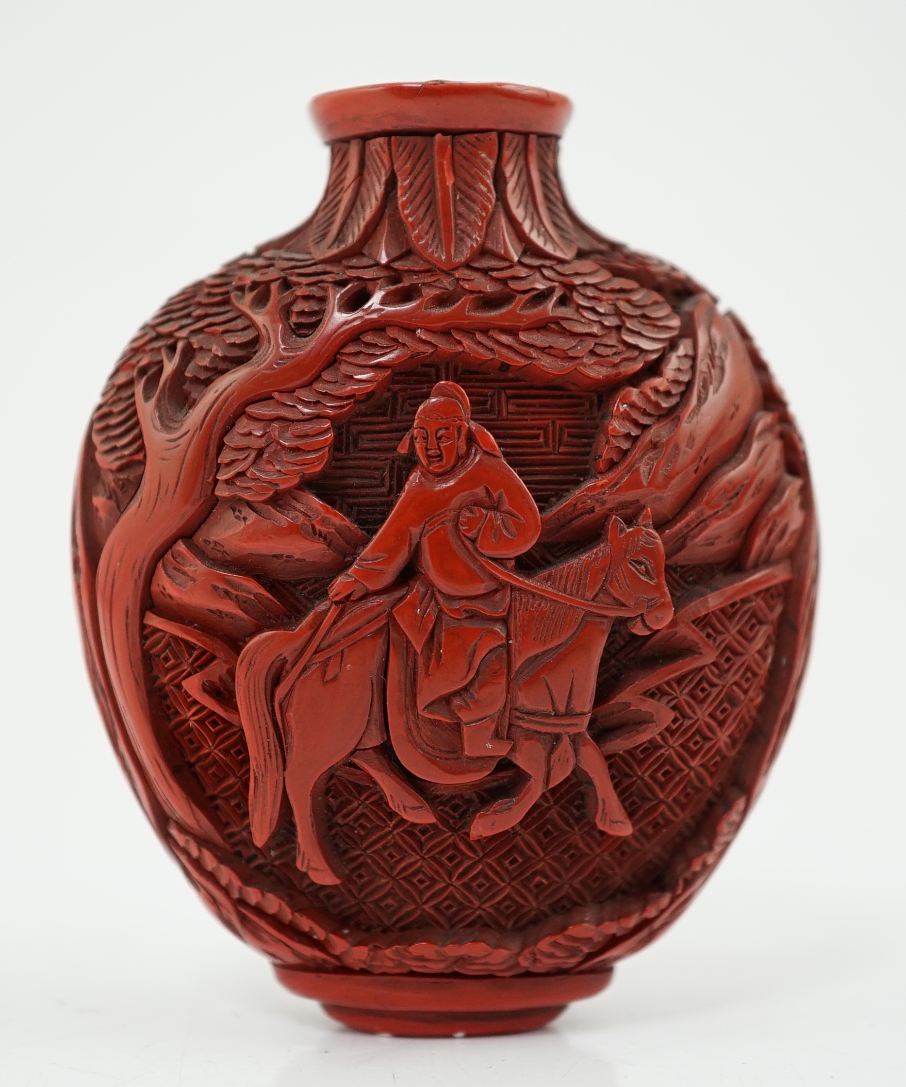 A Chinese cinnabar lacquer snuff bottle, 19th century, minor damage